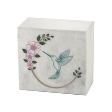 Load image into Gallery viewer, Monumental Memorials Hummingbird Teal White Marble Cremation Urn 200 CI