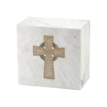 Load image into Gallery viewer, Monumental Memorials Celtic Cross Gold White Marble Cremation Urn 200 CI