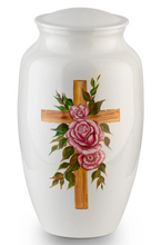 Load image into Gallery viewer, Pink Rose Cross 220 Cubic Inches Large/Adult Funeral Cremation Urn for Ashes