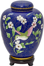 Load image into Gallery viewer, Large/Adult 210 Cubic Inches Cloisonne Hummingbird & Butterfly Blue Cremation Urn for Ashes