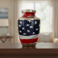 Load image into Gallery viewer, Large/Adult 200 Cubic Inches Stars & Stripes Brass Cremation Urn for Ashes