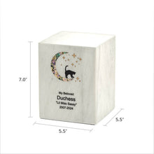 Load image into Gallery viewer, Monumental Memorials Cat & Moon Pink Inlay White, Extra Small Urn