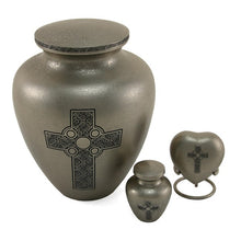Load image into Gallery viewer, New, Solid Brass Celtic Cross Keepsake Funeral Cremation Urn, 5 Cubic Inches