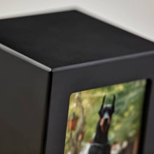 Load image into Gallery viewer, Small/Keepsake Black Wood Funeral Cremation Urn with photo, 40 Cubic Inches