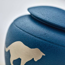 Load image into Gallery viewer, Small/Keepsake Blue Brass Silhouette Cat Cremation Urn, 30 cubic inches