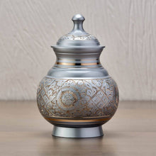 Load image into Gallery viewer, Silver Engraved Small Cremation Urn 40 Cubic Inches
