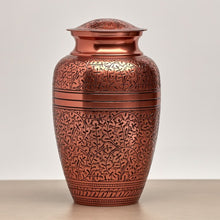 Load image into Gallery viewer, New, Solid Brass Copper Oak Large Funeral Cremation Urn, 195 Cubic Inches