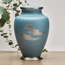 Load image into Gallery viewer, Adult 200 Cubic Inch Dolphin Brass Turquoise Blue Funeral Cremation Urn