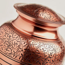 Load image into Gallery viewer, New, Solid Brass Copper Oak Large Funeral Cremation Urn, 195 Cubic Inches