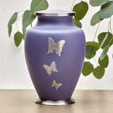 Load image into Gallery viewer, Adult 200 Cubic Inch Brass Purple Butterfly Funeral Cremation Urn for Ashes