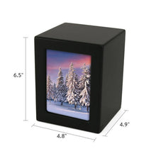 Load image into Gallery viewer, Small/Keepsake Black Wood Funeral Cremation Urn with photo, 85 Cubic Inches