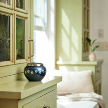 Load image into Gallery viewer, Small/Keepsake Blue Brass Quest Funeral Cremation Urn, 40 cubic inches