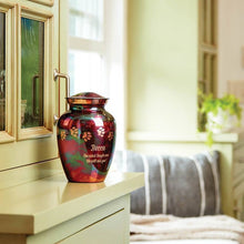 Load image into Gallery viewer, Small/Keepsake Raku Brass Paw Print Heart Cremation Urn, 85 cubic inches