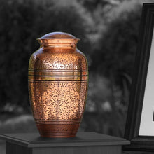 Load image into Gallery viewer, New, Solid Brass Copper Oak Large Funeral Cremation Urn, 195 Cubic Inches