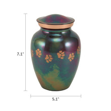 Load image into Gallery viewer, Small/Keepsake Raku Brass Paw Print Heart Cremation Urn, 85 cubic inches