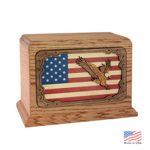 Load image into Gallery viewer, Large/Adult 210 Cubic Inch 3D Art Eagle and Flag Wooden Funeral Cremation Urn