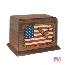 Load image into Gallery viewer, Large/Adult 210 Cubic Inches 3D Art Eagle and Flag Walnut Cremation Urn for Ashes