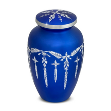 Load image into Gallery viewer, Large/Adult 220 Cubic Inch Blue Shimmer Diamond Cut Aluminum Funeral Cremation Urn for Ashes