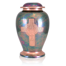 Load image into Gallery viewer, Large/Adult 220 Cu. In. Gleaming Celtic Cross Raku Brass Cremation Urn For Ashes