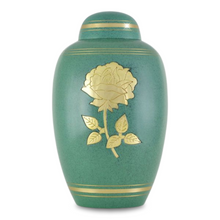 Load image into Gallery viewer, Large/Adult 228 Cubic Ins Green Celtic Golden Rose Brass Cremation Urn for Ashes