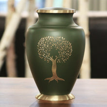Load image into Gallery viewer, Adult 200 Cubic Inch Brass Green Tree Of Life Funeral Cremation Urn for Ashes