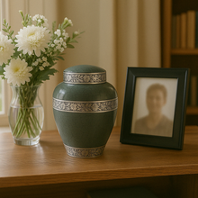 Load image into Gallery viewer, Large/Adult 200 Cubic Inch Forest Green Bounty Aluminum Funeral Cremation Urn for Ashes