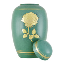 Load image into Gallery viewer, Large/Adult 228 Cubic Ins Green Celtic Golden Rose Brass Cremation Urn for Ashes