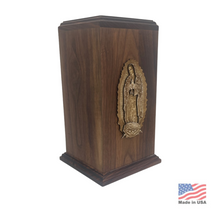 Load image into Gallery viewer, Large/Adult 210 Cubic Inches Lady of Guadalupe Walnut Wood Funeral Cremation Urn for Ashes