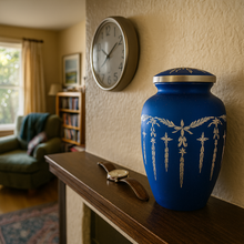 Load image into Gallery viewer, Large/Adult 220 Cubic Inch Blue Shimmer Diamond Cut Aluminum Funeral Cremation Urn for Ashes