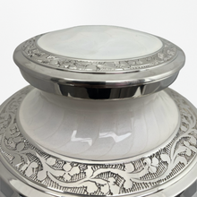 Load image into Gallery viewer, Large/Adult 220 Cubic Inch White Floral Brass Funeral Cremation Urn for Ashes
