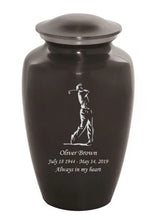 Load image into Gallery viewer, Large/Adult 200 Cubic Inch Custom Engraved Grey Metal Golfer Funeral Cremation Urn