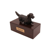 Load image into Gallery viewer, Bronze Long-Haired Dachshund Walnut Base Pet Cremation Urn w/ Figurine