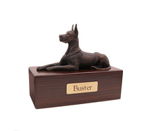 Load image into Gallery viewer, Great Dane Lying Walnut Base Pet Cremation Urn w/ Figurine in 5 diff base sizes