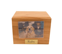 Load image into Gallery viewer, Small 85 Cubic Inches Oak Pet Photo Urn for Ashes with Engravable Nameplate