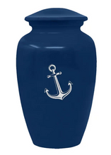 Load image into Gallery viewer, Large/Adult 200 Cubic Inch Custom Engraved Blue Metal Anchor Funeral Cremation Urn