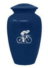 Load image into Gallery viewer, Large/Adult 200 Cubic Inch Custom Engraved Blue Metal Bicycle Funeral Cremation Urn