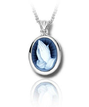 Load image into Gallery viewer, Sterling Silver & Blue Agate Praying Hands Cameo Cremation Urn Pendant w/Chain