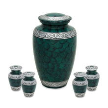 Load image into Gallery viewer, Set of Green Aluminum Funeral Cremation Urns for Ashes - Adult & 4 Keepsakes