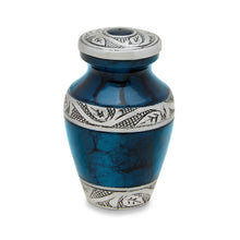 Load image into Gallery viewer, Set of Blue & Silver Aluminum Cremation Urns for Ashes - Adult & 4 Keepsakes