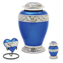Load image into Gallery viewer, Berkshire Set of 3 - Adult, Keepsake, Heart - Blue & Silver Cremation Urns