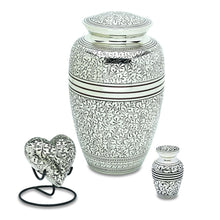 Load image into Gallery viewer, Antique Silver Set of 3 - Adult, Keepsake, Heart - Cremation Urns for Ashes