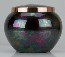 Load image into Gallery viewer, 30 Cubic Inches Teal Raku Brass Pawprint Pet Jar Urn for Cremation Ashes