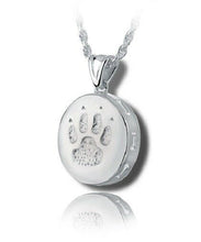 Load image into Gallery viewer, Sterling Silver Round Dog Paw Funeral Cremation Urn Pendant for Ashes w/Chain