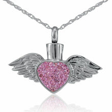 Load image into Gallery viewer, Small/Keepsake 1/4 Cubic Inch Pink Crystal Angel Wings Pendant Cremation Urn