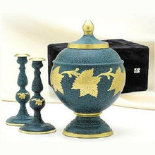 Load image into Gallery viewer, Large/Adult 205 Cubic Inch Brass Patina Color Cremation Urn Set w. Candlesticks