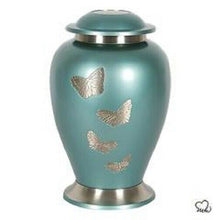 Load image into Gallery viewer, Large/Adult 200 Cubic Inch Teal Butterfly Funeral Cremation Urn for Ashes
