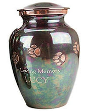 Load image into Gallery viewer, 200 Cubic Inches Teal Raku Color Brass Pawprint Pet Cremation Urn for Ashes