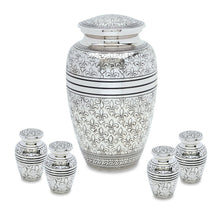 Load image into Gallery viewer, Set of Silver Brass Funeral Cremation Urns for Ashes - Large and 4 Keepsakes
