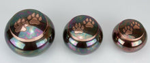 Load image into Gallery viewer, 80 Cubic Inches Teal Raku Brass Paw-Print Pet Jar Cremation Urn for Ashes