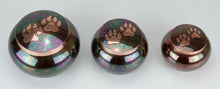 Load image into Gallery viewer, Engraved 45 Cubic Inches Teal Raku Brass Pawprint Pet Urn Jar Cremation Ashes